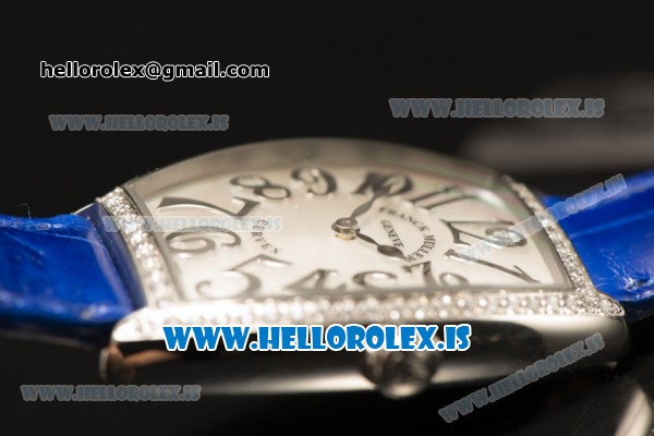Franck Muller CINTREE CURVEX Diamond Bezel With Blue Calfskin Strap Swiss Ronda 762 Quartz White Dial - Click Image to Close